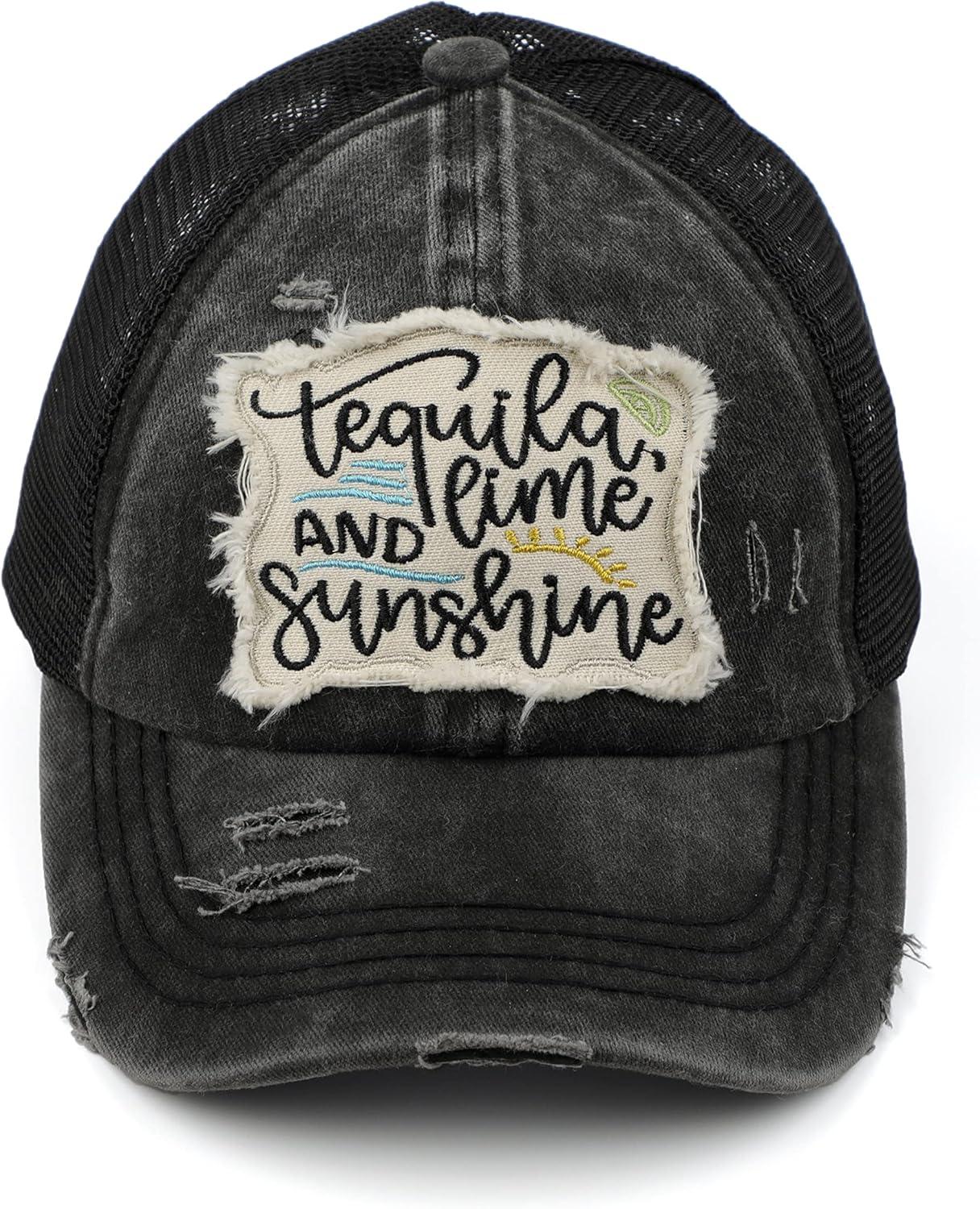 imageCC Exclusives Washed Distressed Embroidered Patch Cotton Denim CrissCross Ponytail Hat Adjustable Baseball CapTequila  Black