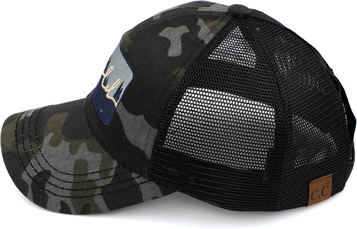 imageCC Exclusives Washed Distressed Embroidered Patch Cotton Denim CrissCross Ponytail Hat Adjustable Baseball CapWild  Black Camo
