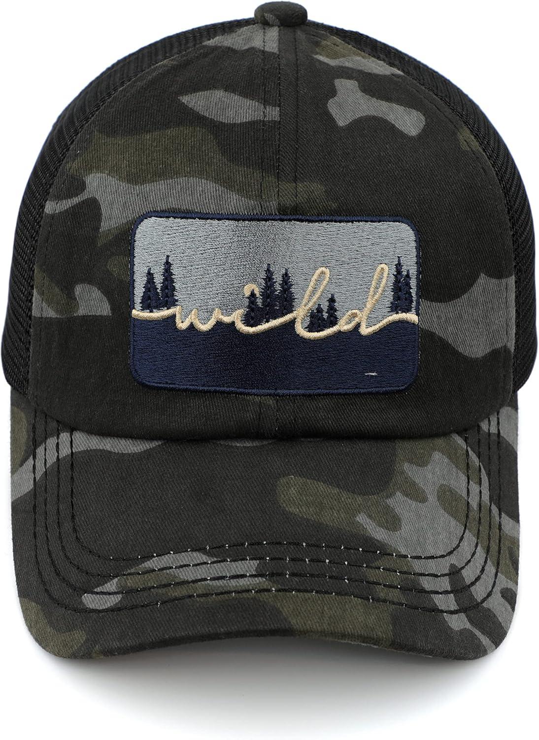 imageCC Exclusives Washed Distressed Embroidered Patch Cotton Denim CrissCross Ponytail Hat Adjustable Baseball CapWild  Black Camo