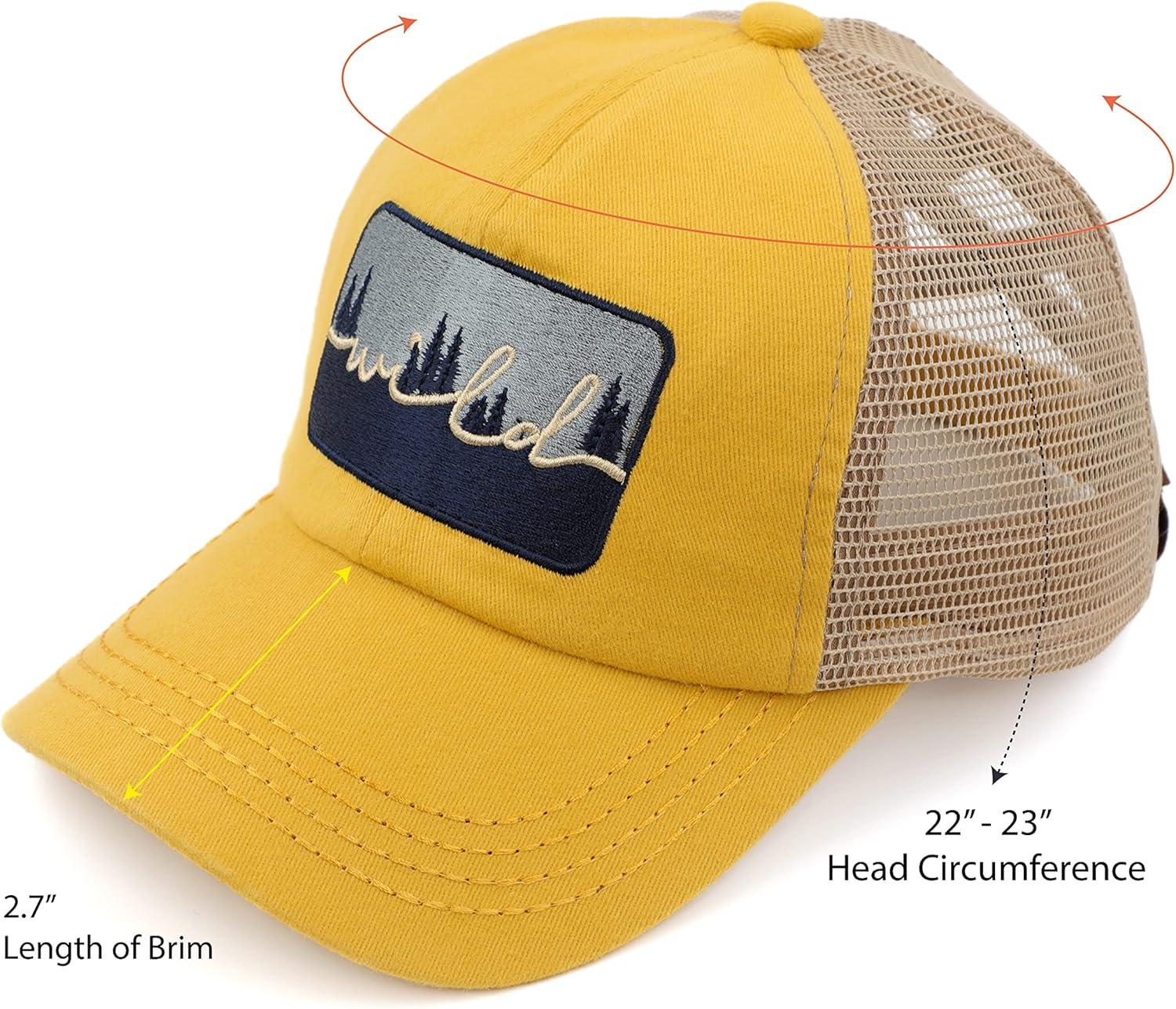 imageCC Exclusives Washed Distressed Embroidered Patch Cotton Denim CrissCross Ponytail Hat Adjustable Baseball CapWild  Mustard