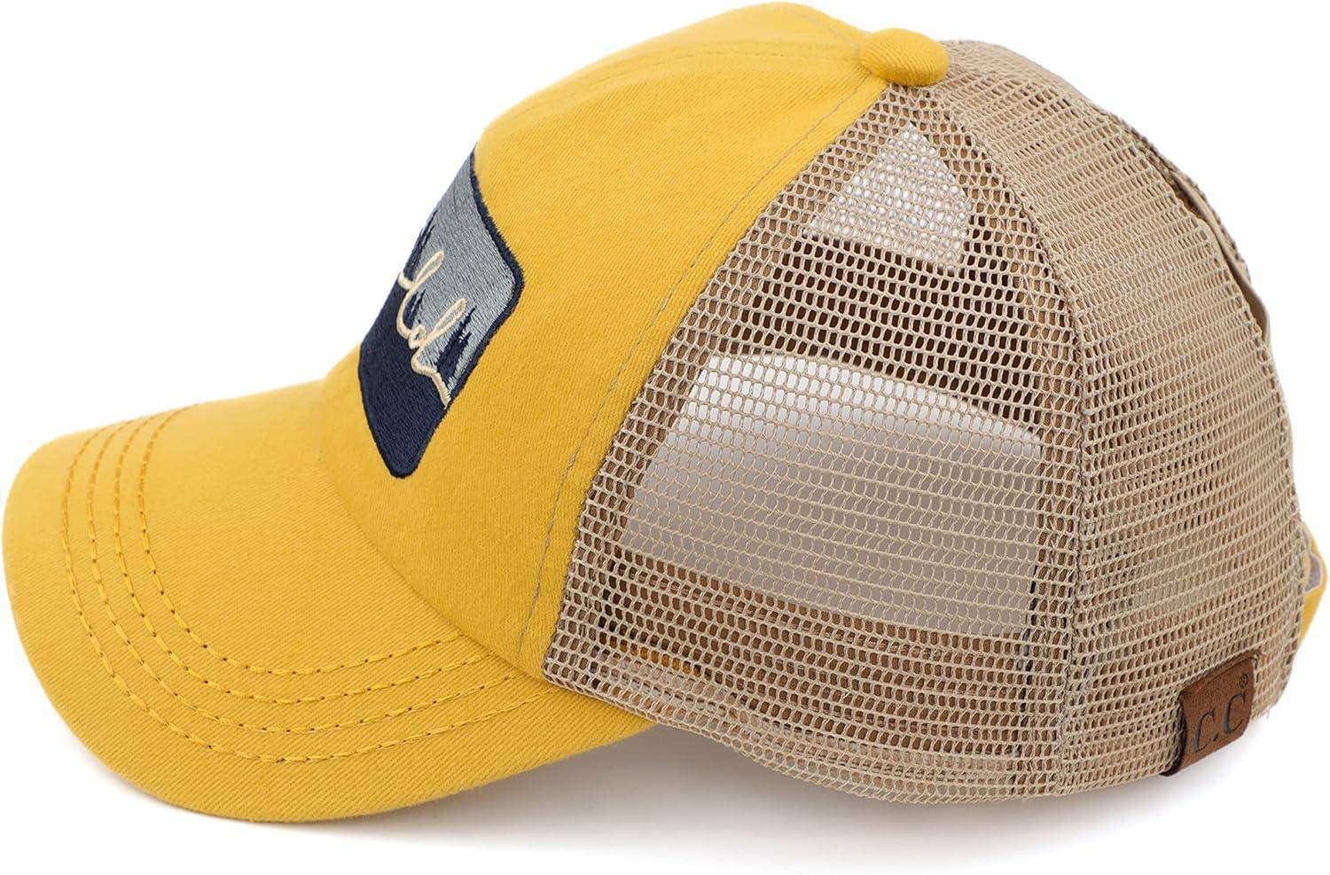 imageCC Exclusives Washed Distressed Embroidered Patch Cotton Denim CrissCross Ponytail Hat Adjustable Baseball CapWild  Mustard