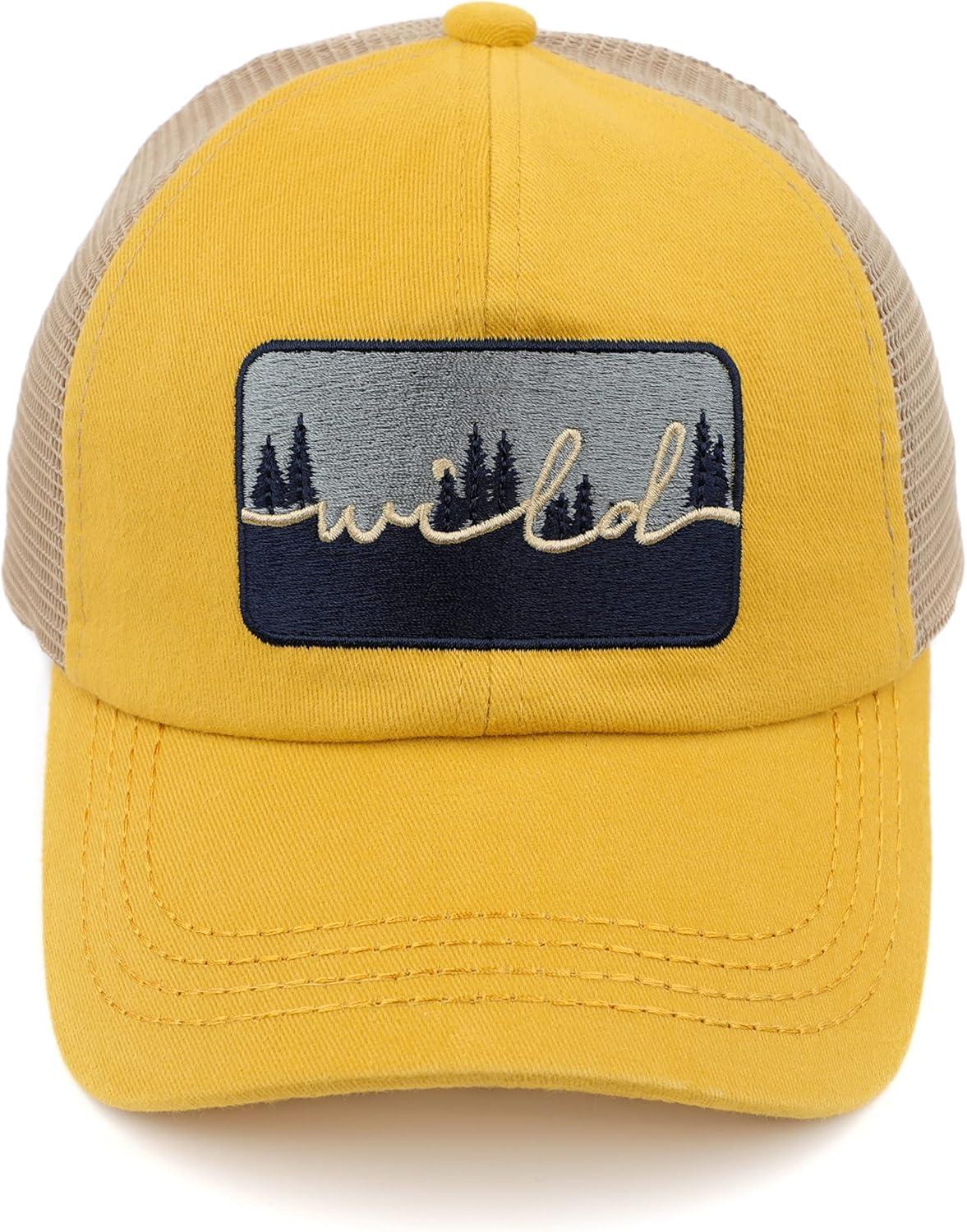 imageCC Exclusives Washed Distressed Embroidered Patch Cotton Denim CrissCross Ponytail Hat Adjustable Baseball CapWild  Mustard