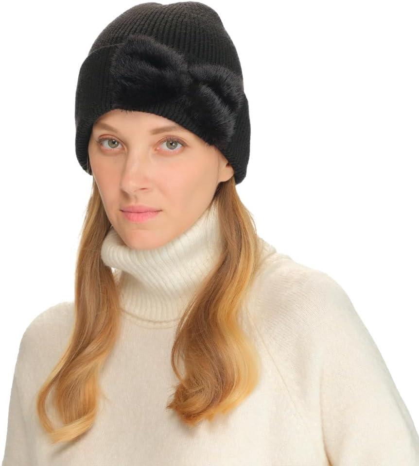imageCC Faux Fur Bow Winter Beanie for WomenBlack