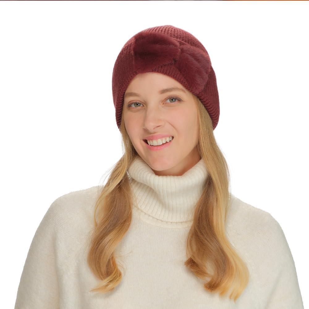 imageCC Faux Fur Bow Winter Beanie for WomenBurgundy