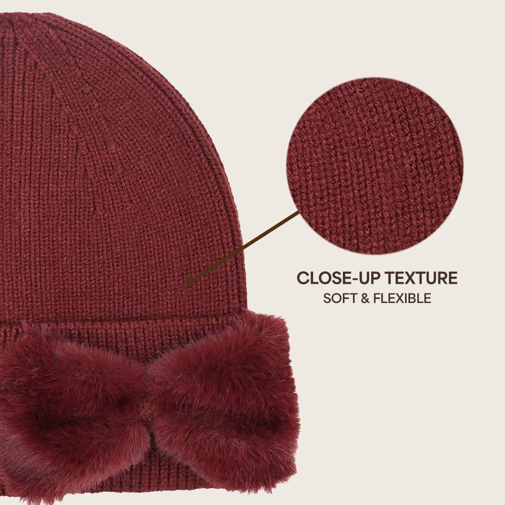 imageCC Faux Fur Bow Winter Beanie for WomenBurgundy