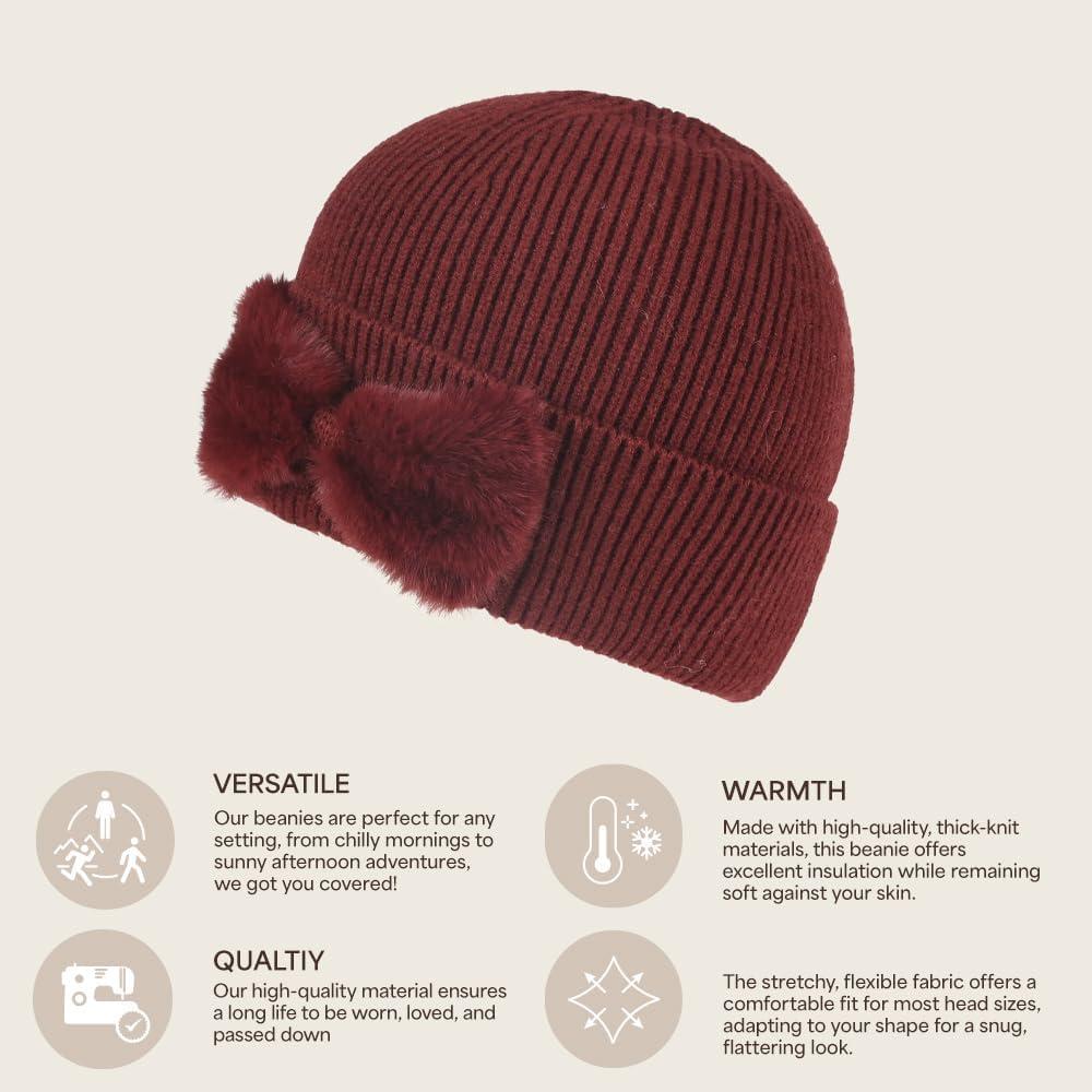 imageCC Faux Fur Bow Winter Beanie for WomenBurgundy