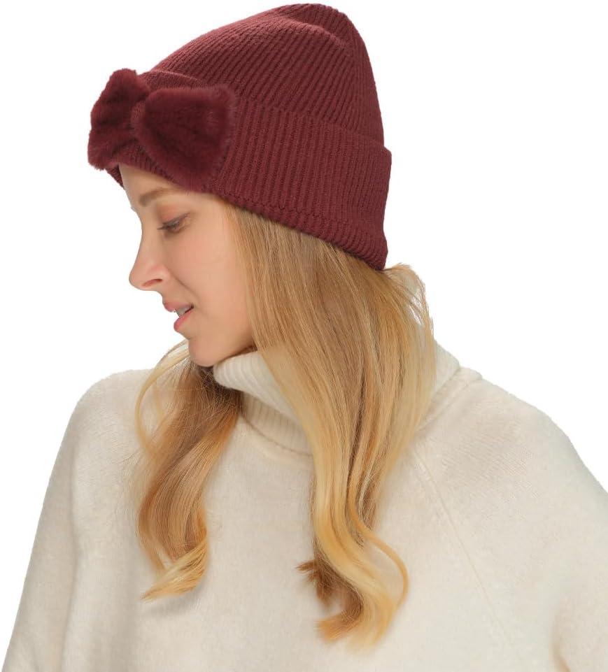 imageCC Faux Fur Bow Winter Beanie for WomenBurgundy