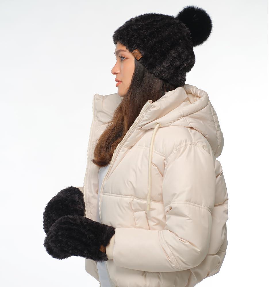 imageCC Faux Fur Pom Beanie for Women  Stretchable Soft Warm Knit Winter Skully Hat with Faux Fur PomBlack