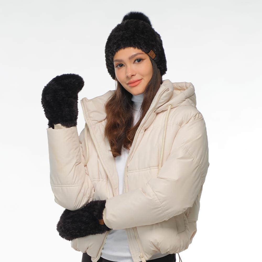 imageCC Faux Fur Pom Beanie for Women  Stretchable Soft Warm Knit Winter Skully Hat with Faux Fur PomBlack