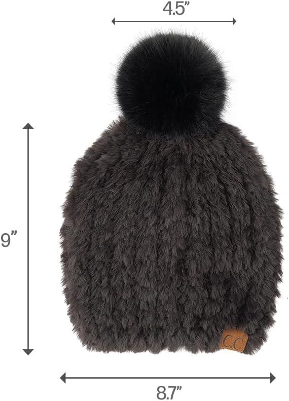 imageCC Faux Fur Pom Beanie for Women  Stretchable Soft Warm Knit Winter Skully Hat with Faux Fur PomBlack