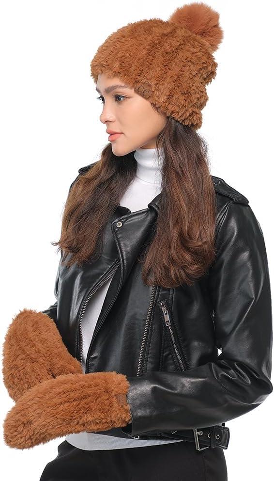 imageCC Faux Fur Pom Beanie for Women  Stretchable Soft Warm Knit Winter Skully Hat with Faux Fur PomChbrown