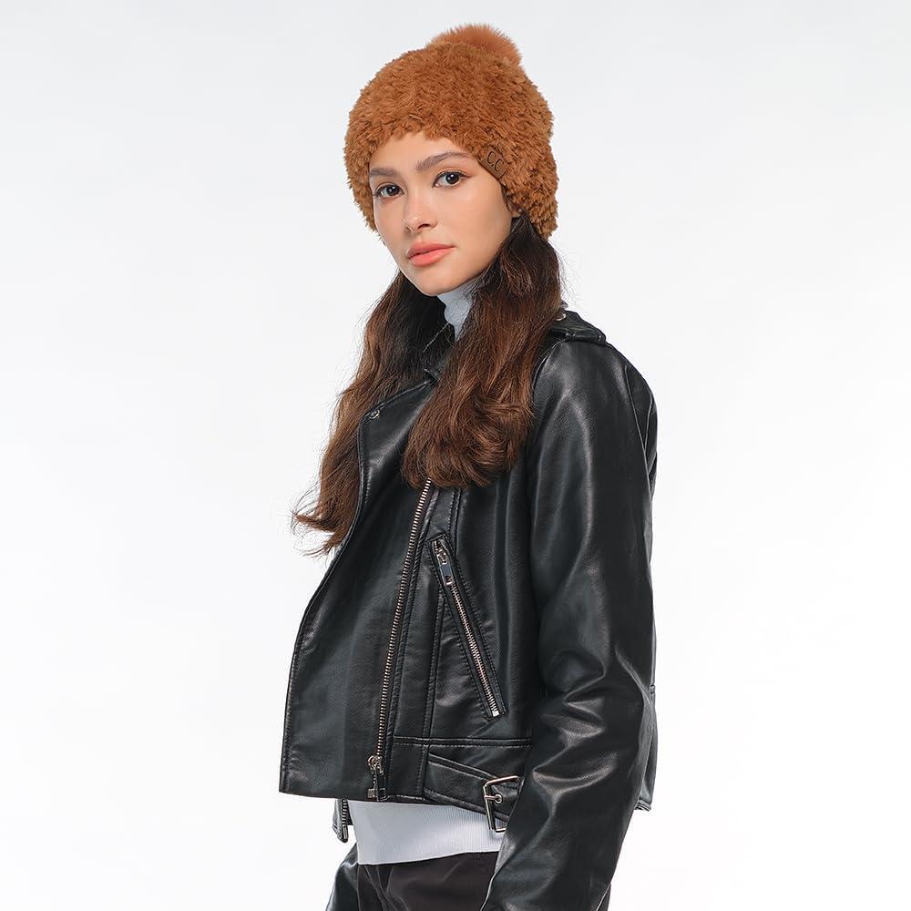 imageCC Faux Fur Pom Beanie for Women  Stretchable Soft Warm Knit Winter Skully Hat with Faux Fur PomChbrown