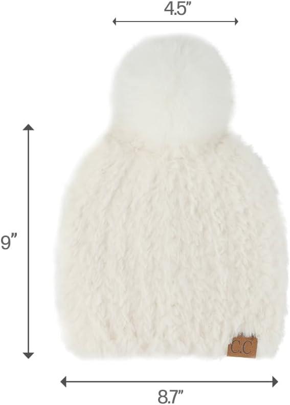 imageCC Faux Fur Pom Beanie for Women  Stretchable Soft Warm Knit Winter Skully Hat with Faux Fur PomIvory