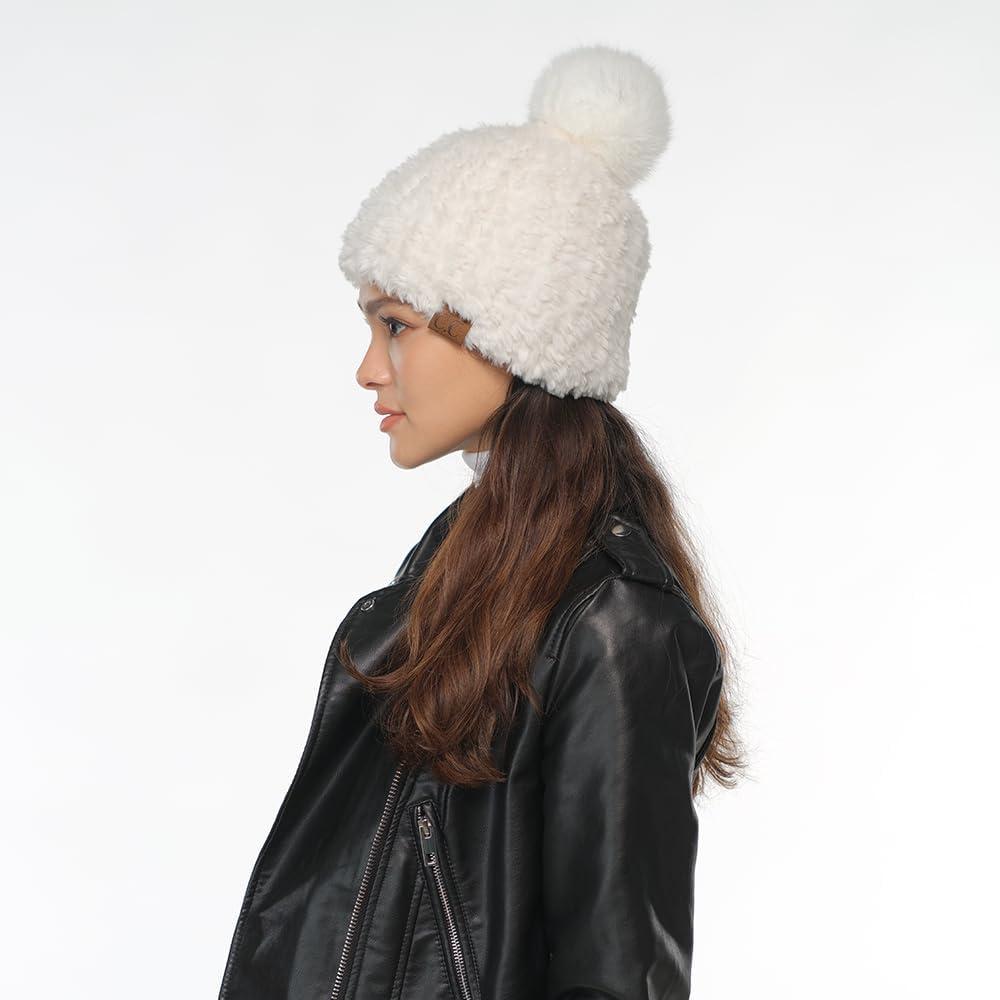 imageCC Faux Fur Pom Beanie for Women  Stretchable Soft Warm Knit Winter Skully Hat with Faux Fur PomIvory