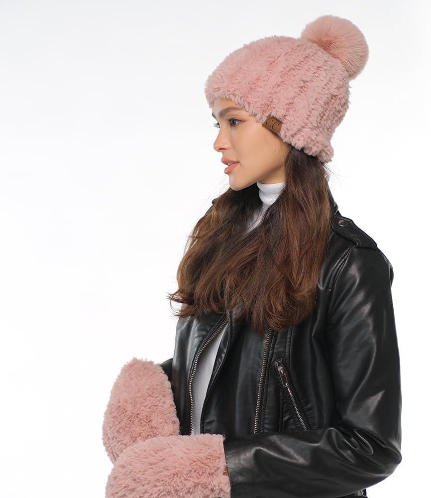 imageCC Faux Fur Pom Beanie for Women  Stretchable Soft Warm Knit Winter Skully Hat with Faux Fur PomRose