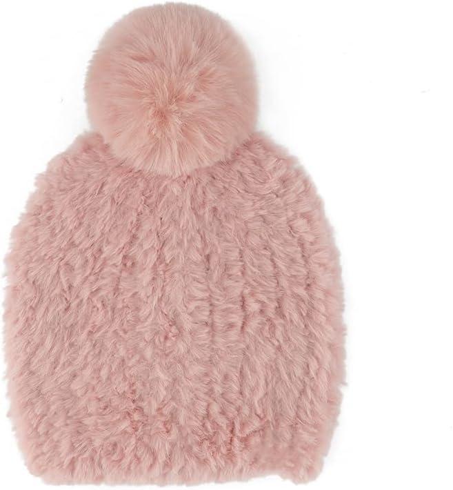 imageCC Faux Fur Pom Beanie for Women  Stretchable Soft Warm Knit Winter Skully Hat with Faux Fur PomRose
