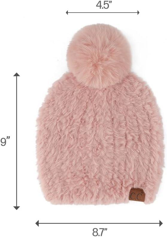 imageCC Faux Fur Pom Beanie for Women  Stretchable Soft Warm Knit Winter Skully Hat with Faux Fur PomRose