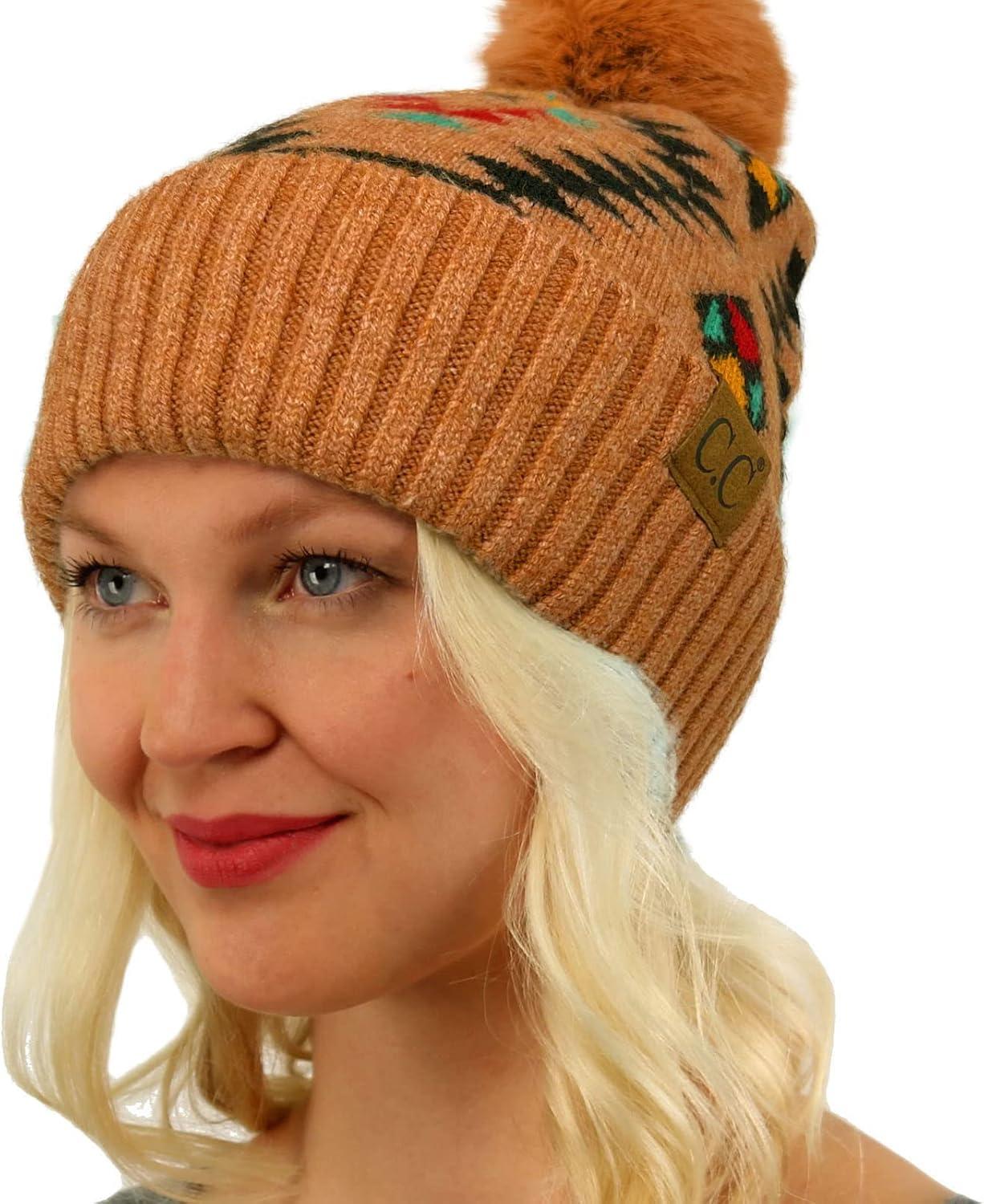 imageCC Fur Pom Winter Fall Trendy Chunky Stretchy Cable Knit Beanie HatAztec Desert Sand