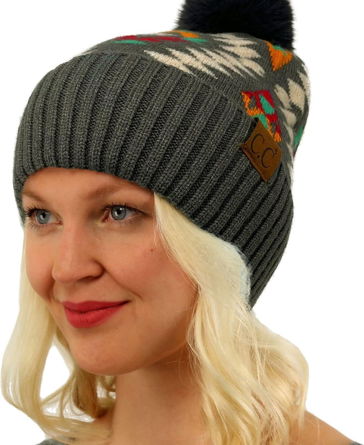 imageCC Fur Pom Winter Fall Trendy Chunky Stretchy Cable Knit Beanie HatAztec Dk Gray