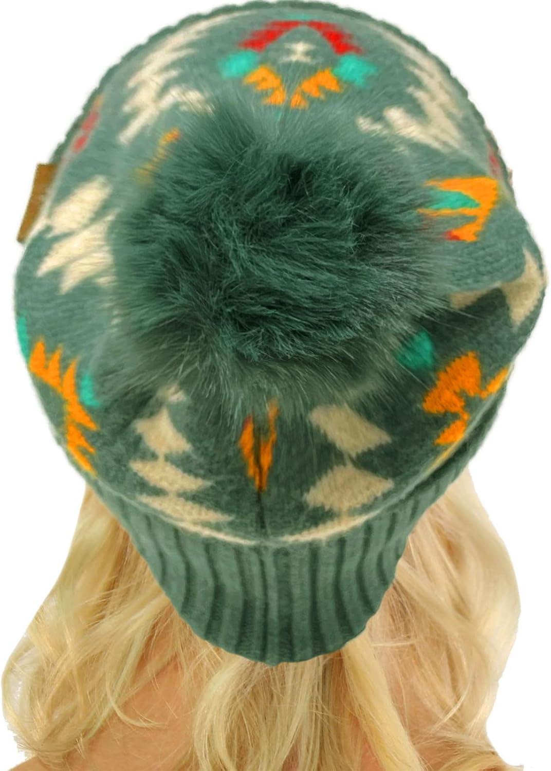 imageCC Fur Pom Winter Fall Trendy Chunky Stretchy Cable Knit Beanie HatAztec Forest Green