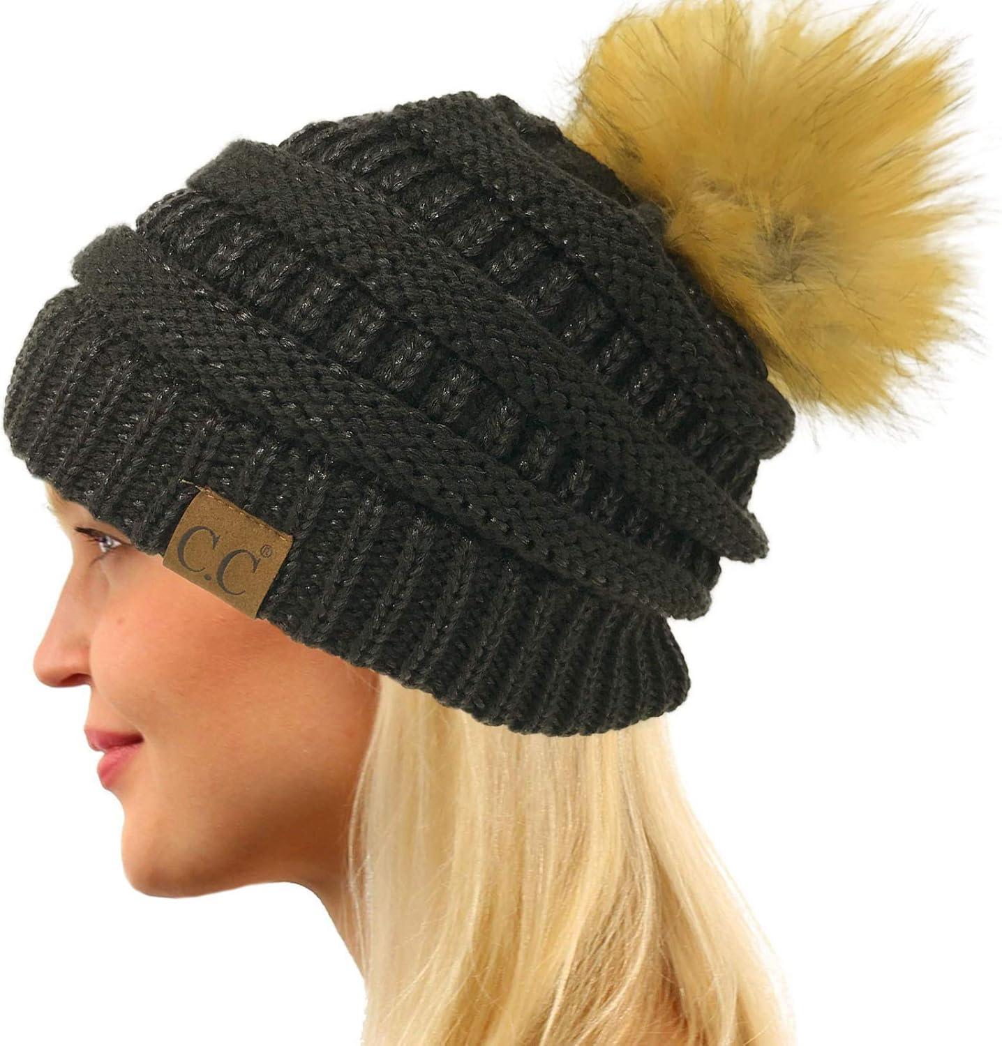 imageCC Fur Pom Winter Fall Trendy Chunky Stretchy Cable Knit Beanie HatMetallic Black