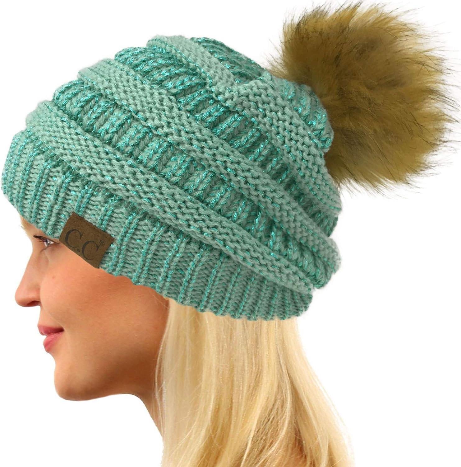 imageCC Fur Pom Winter Fall Trendy Chunky Stretchy Cable Knit Beanie HatMetallic Mint