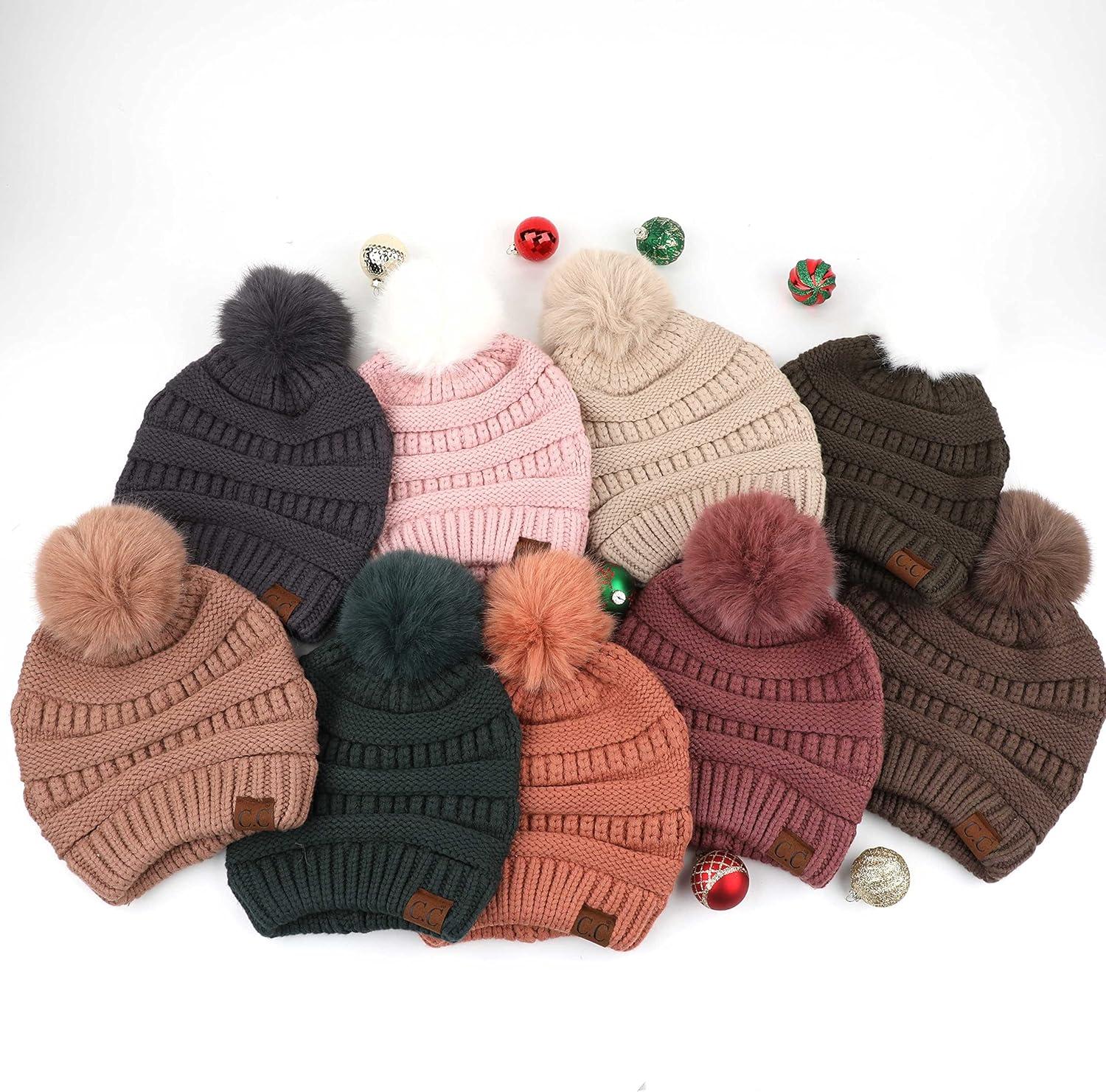 imageCC Fur Pom Winter Fall Trendy Chunky Stretchy Cable Knit Beanie HatSnuggly Soft Sand Stone