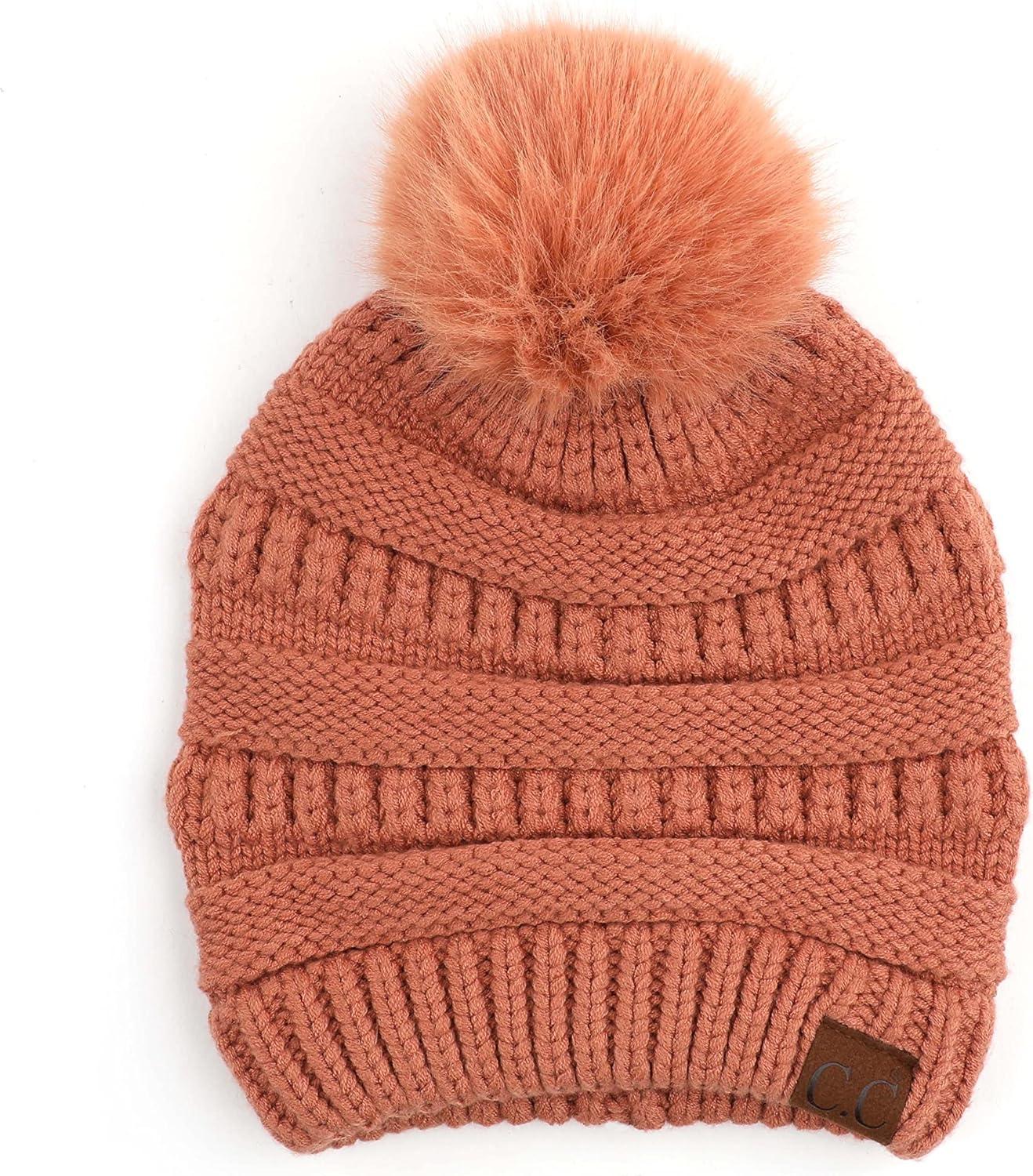 imageCC Fur Pom Winter Fall Trendy Chunky Stretchy Cable Knit Beanie HatSnuggly Soft Sand Stone