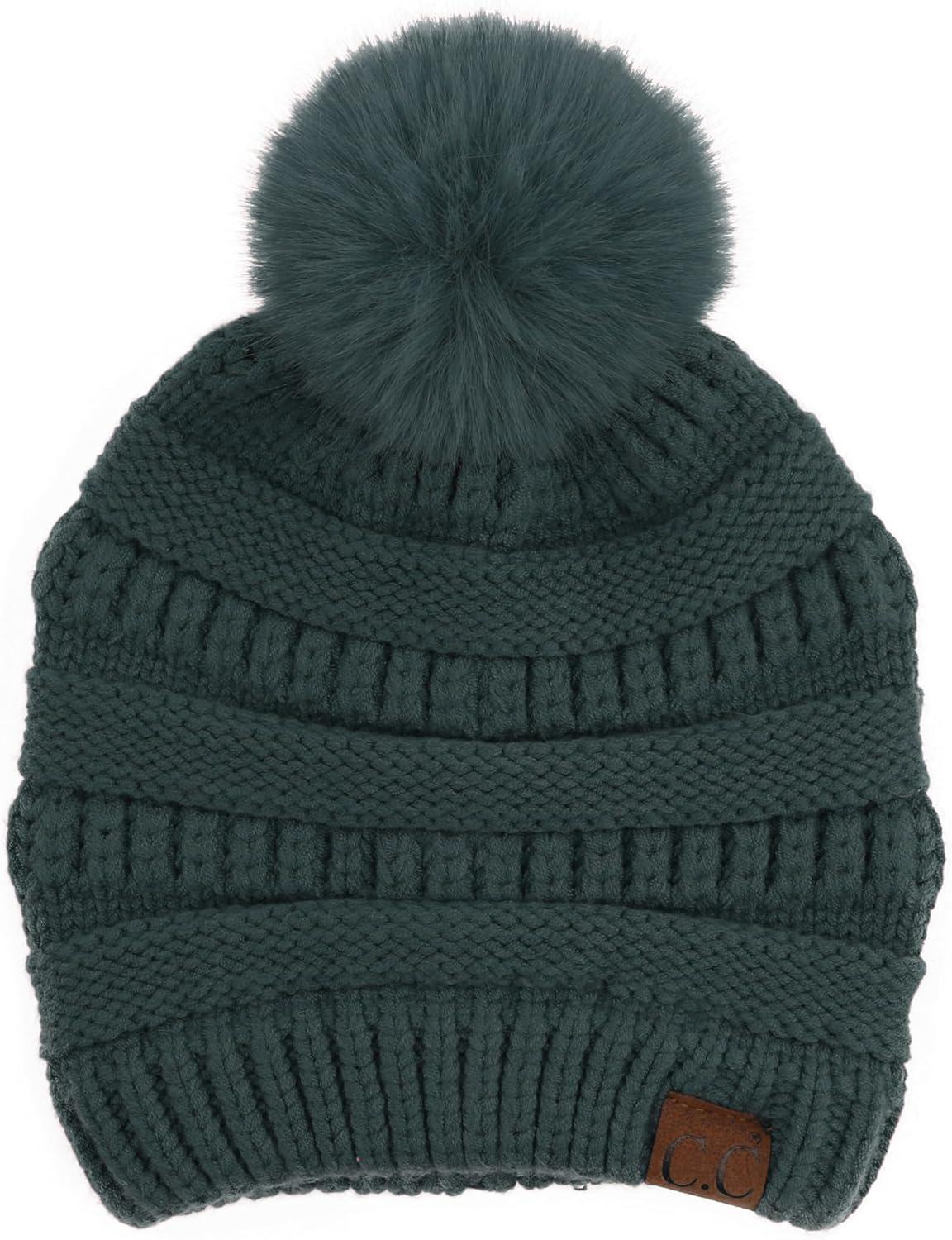 imageCC Fur Pom Winter Fall Trendy Chunky Stretchy Cable Knit Beanie HatSnuggly Soft Teal Green