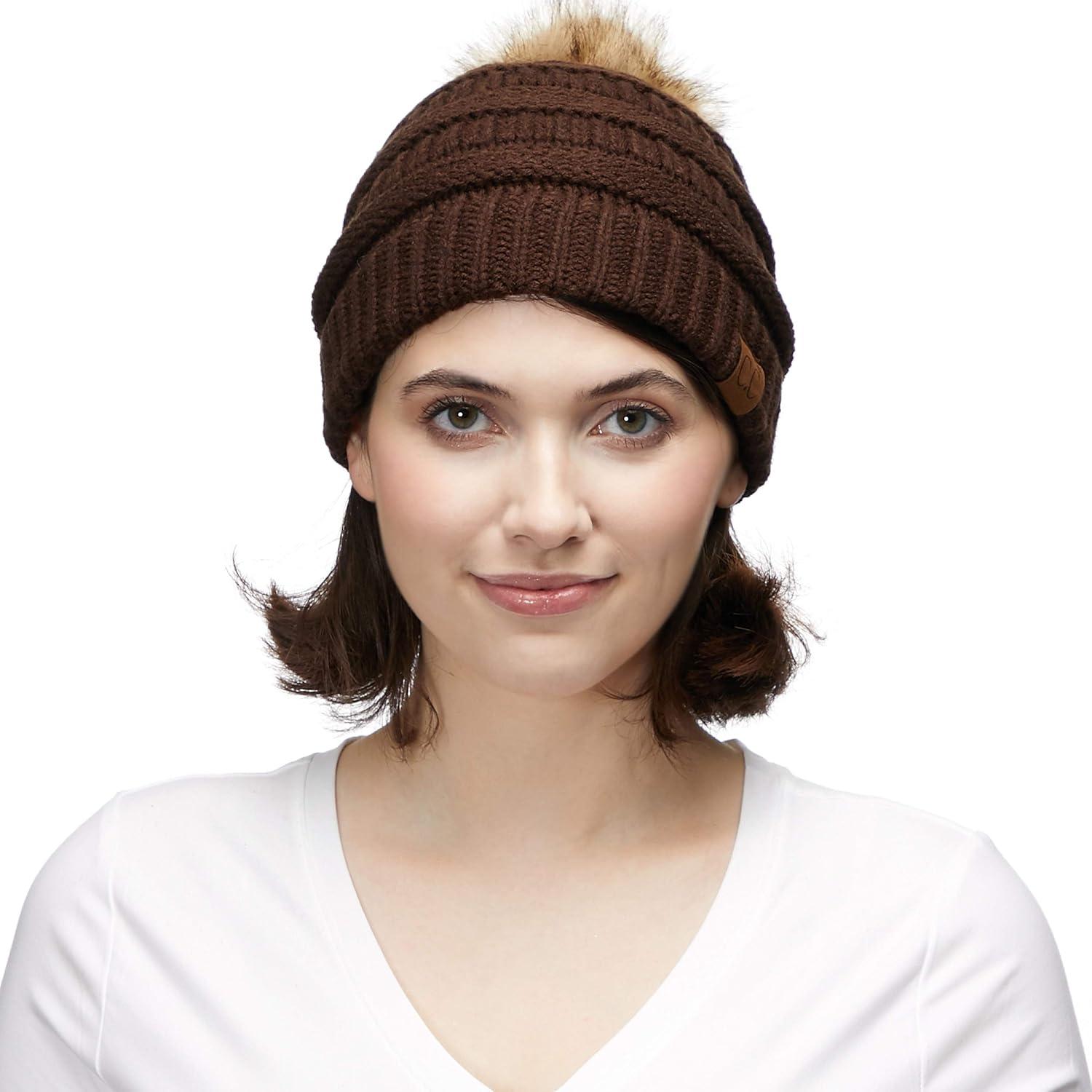 imageCC Fur Pom Winter Fall Trendy Chunky Stretchy Cable Knit Beanie HatSolid Brown