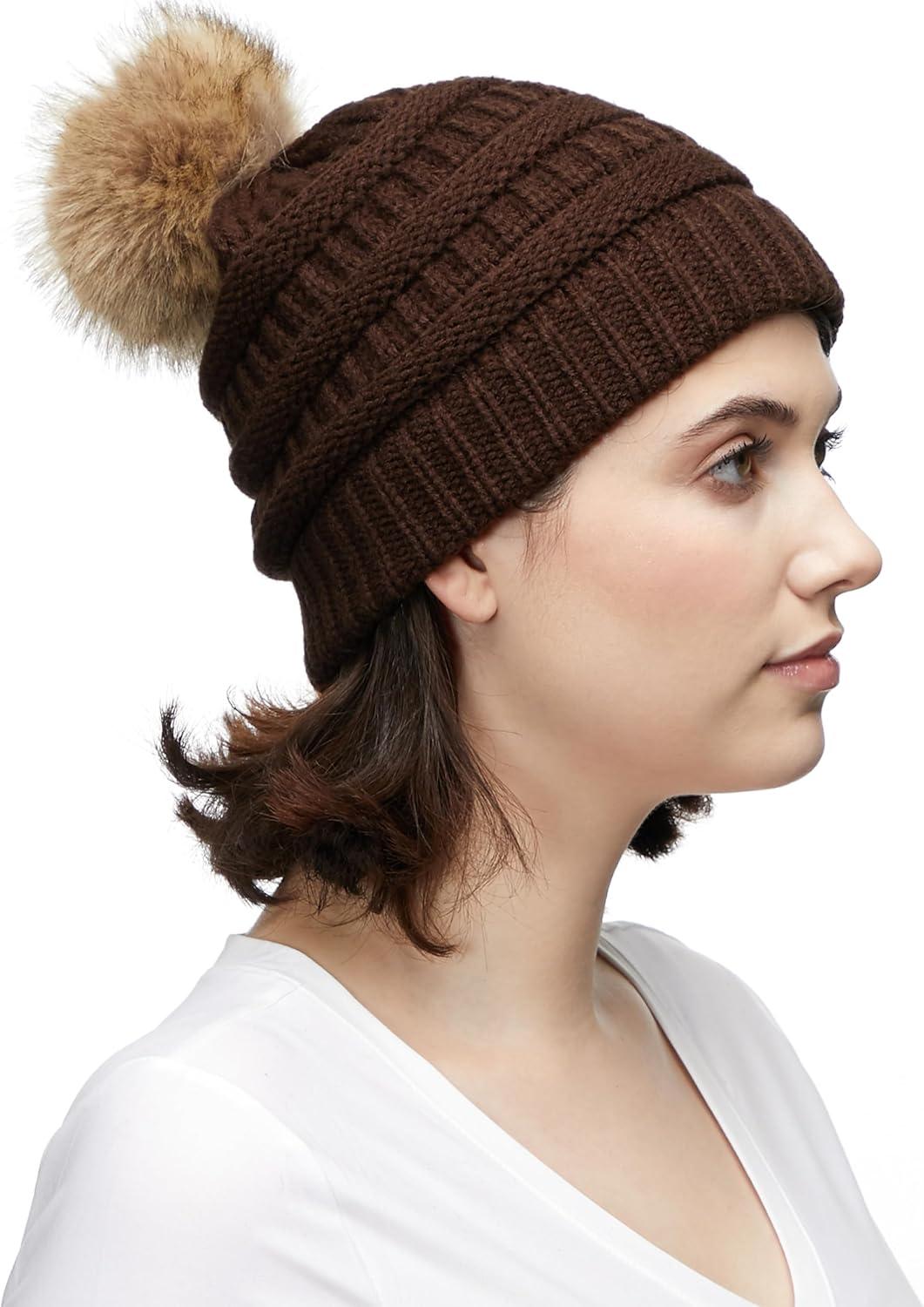 imageCC Fur Pom Winter Fall Trendy Chunky Stretchy Cable Knit Beanie HatSolid Brown