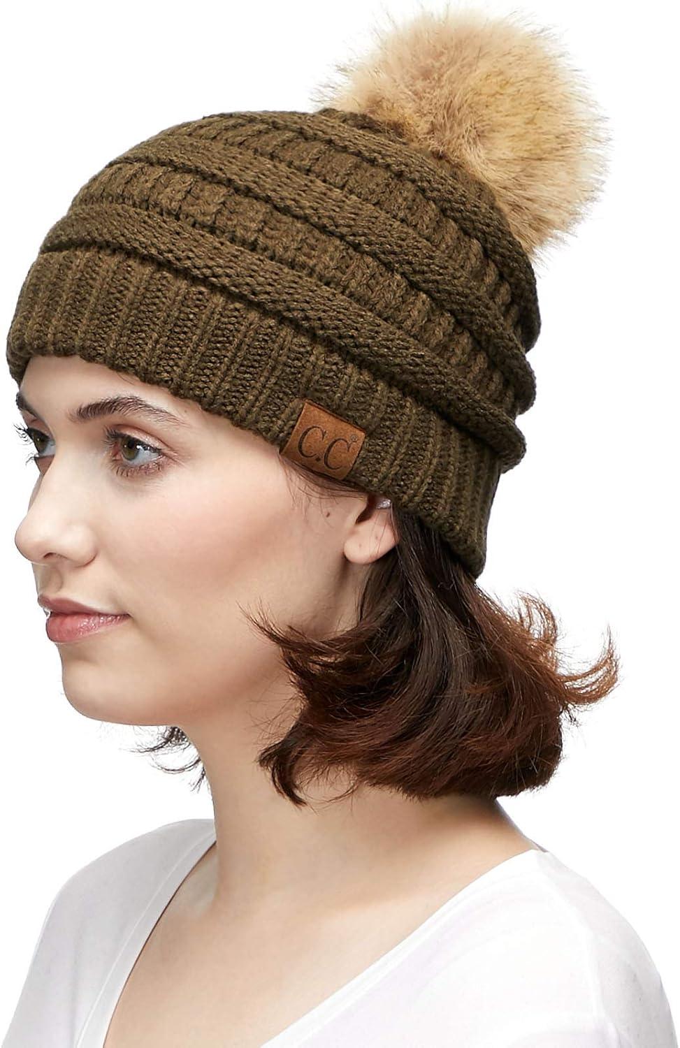 imageCC Fur Pom Winter Fall Trendy Chunky Stretchy Cable Knit Beanie HatSolid New Olive