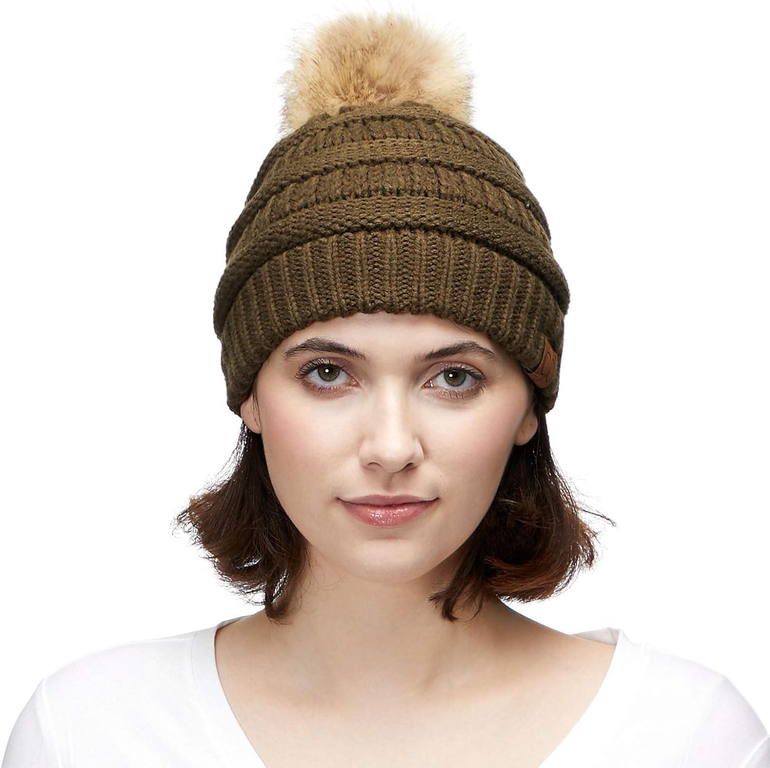 imageCC Fur Pom Winter Fall Trendy Chunky Stretchy Cable Knit Beanie HatSolid New Olive