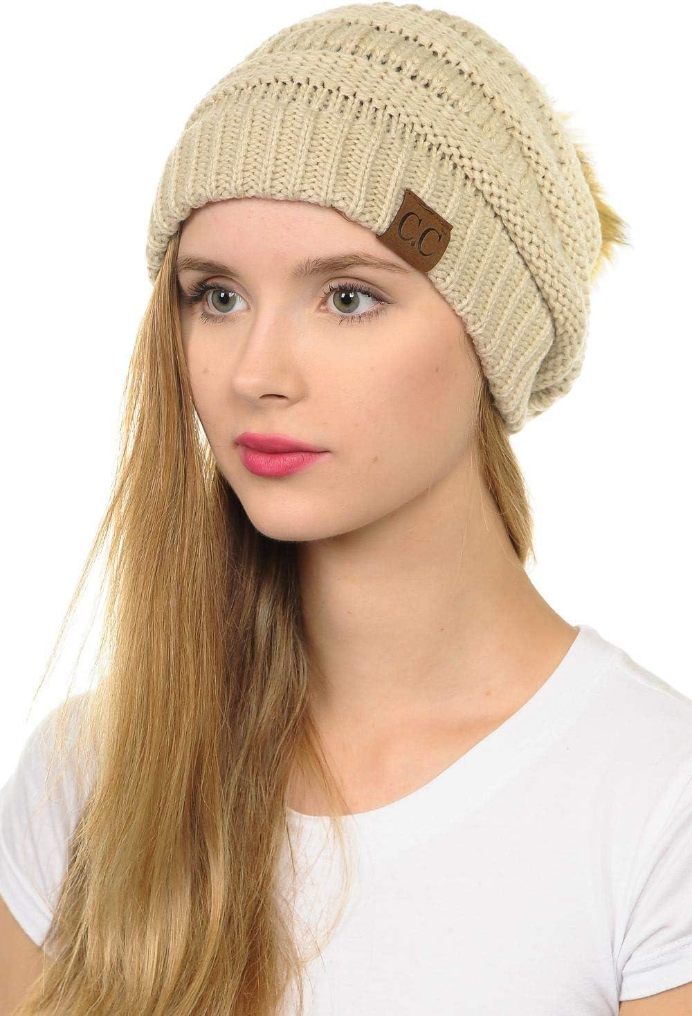imageCC Hat43 Thick Warm Cap Hat Skully Faux Fur Pom Pom Cable Knit Beanie 2 PackBeige