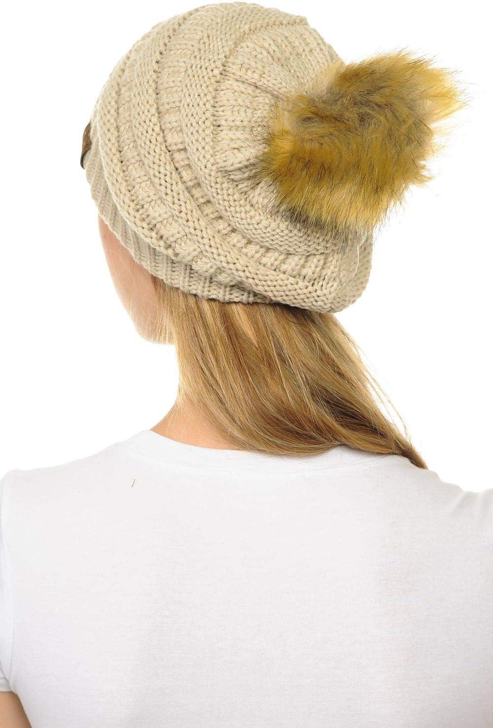 imageCC Hat43 Thick Warm Cap Hat Skully Faux Fur Pom Pom Cable Knit Beanie 2 PackBeige