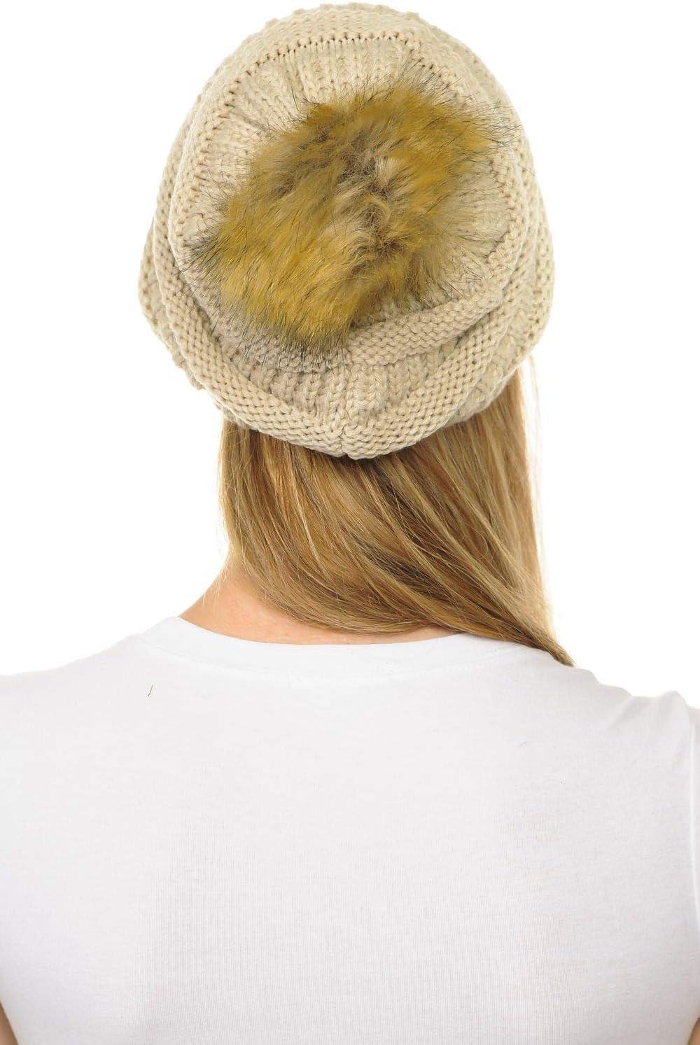 imageCC Hat43 Thick Warm Cap Hat Skully Faux Fur Pom Pom Cable Knit Beanie 2 PackBeige