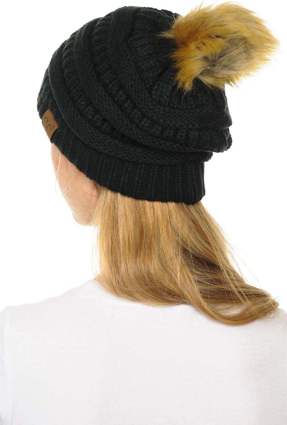 imageCC Hat43 Thick Warm Cap Hat Skully Faux Fur Pom Pom Cable Knit Beanie 2 PackBlack