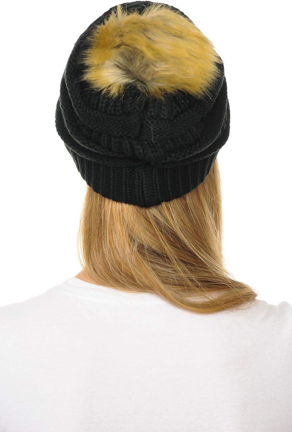 imageCC Hat43 Thick Warm Cap Hat Skully Faux Fur Pom Pom Cable Knit Beanie 2 PackBlack