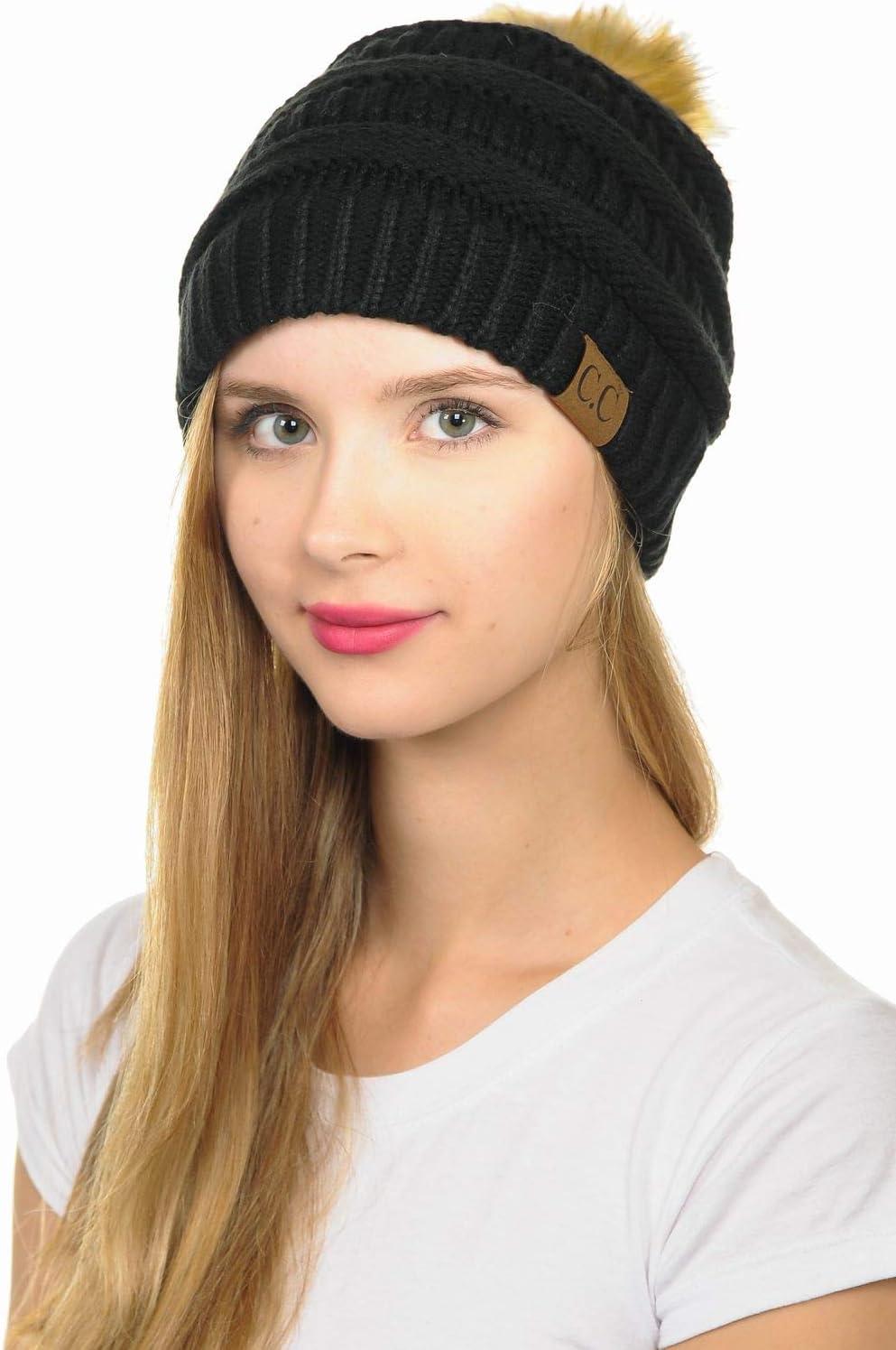 imageCC Hat43 Thick Warm Cap Hat Skully Faux Fur Pom Pom Cable Knit Beanie 2 PackBlack