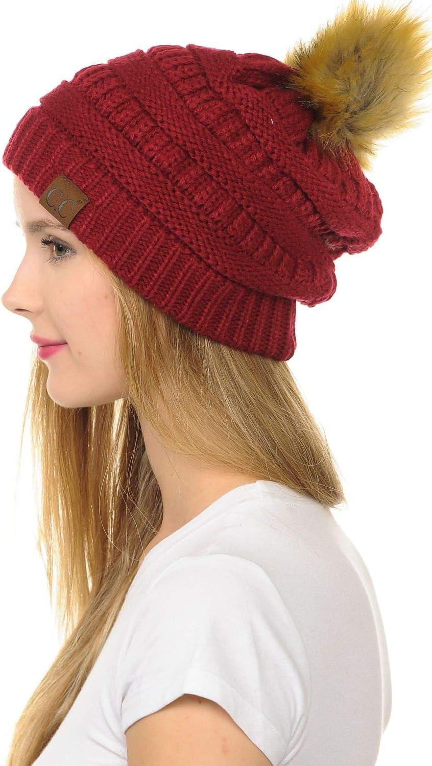 imageCC Hat43 Thick Warm Cap Hat Skully Faux Fur Pom Pom Cable Knit Beanie 2 PackBurgundy