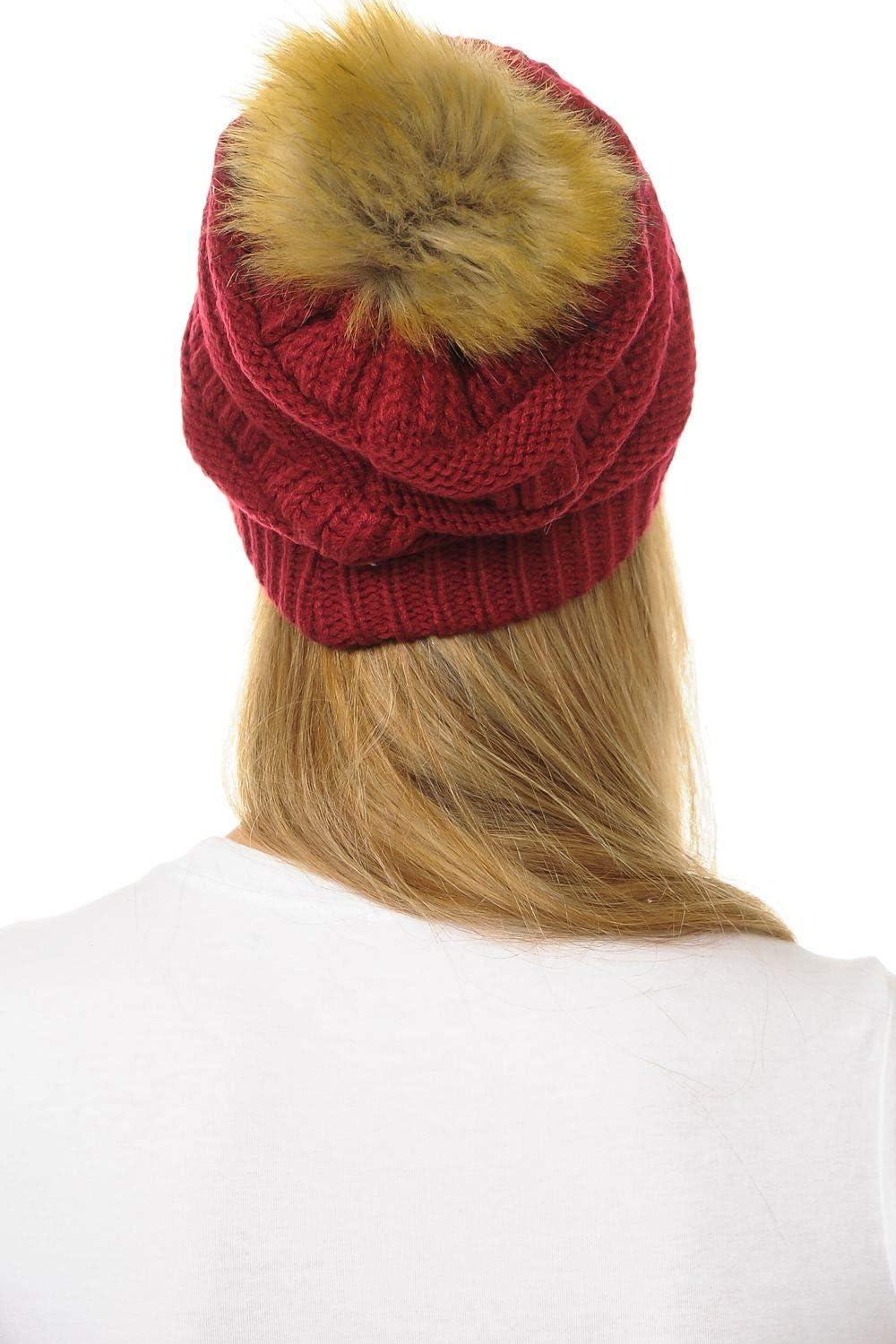 imageCC Hat43 Thick Warm Cap Hat Skully Faux Fur Pom Pom Cable Knit Beanie 2 PackBurgundy