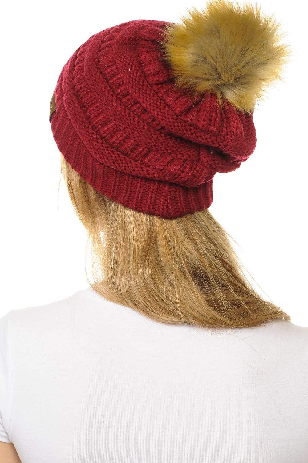 imageCC Hat43 Thick Warm Cap Hat Skully Faux Fur Pom Pom Cable Knit Beanie 2 PackBurgundy