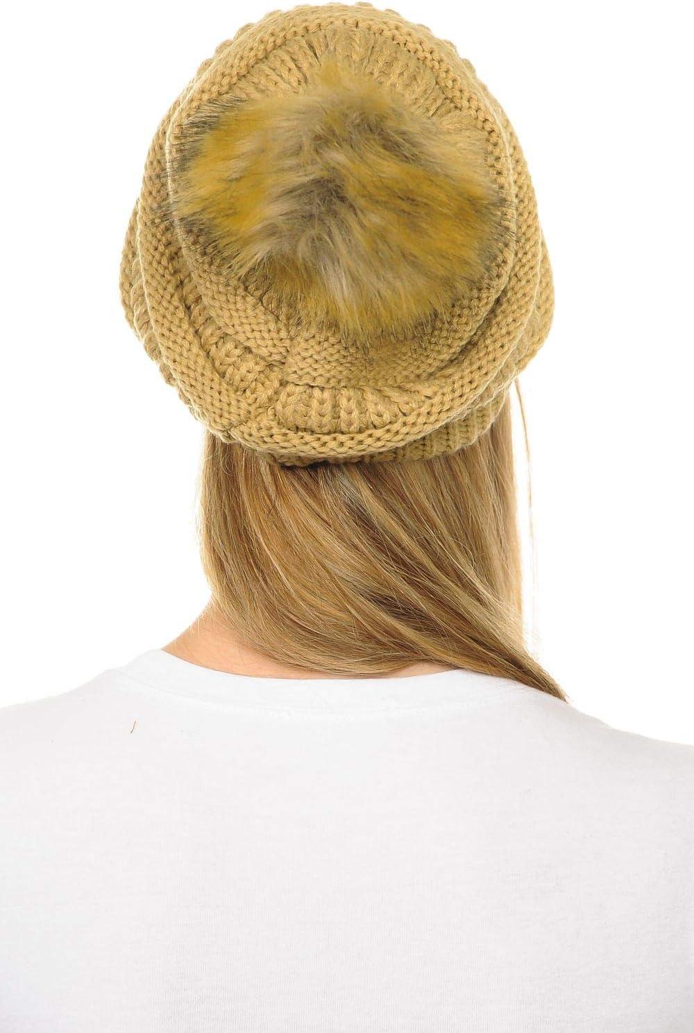 imageCC Hat43 Thick Warm Cap Hat Skully Faux Fur Pom Pom Cable Knit Beanie 2 PackCamel