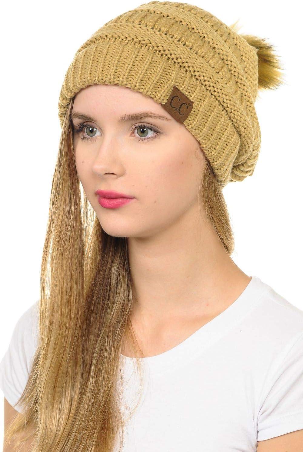 imageCC Hat43 Thick Warm Cap Hat Skully Faux Fur Pom Pom Cable Knit Beanie 2 PackCamel