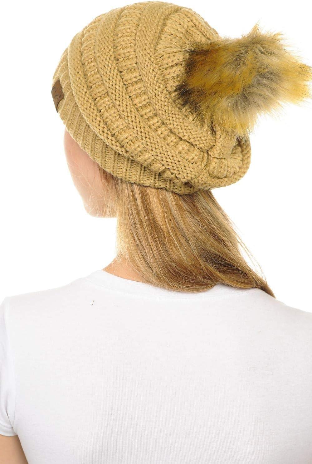 imageCC Hat43 Thick Warm Cap Hat Skully Faux Fur Pom Pom Cable Knit Beanie 2 PackCamel