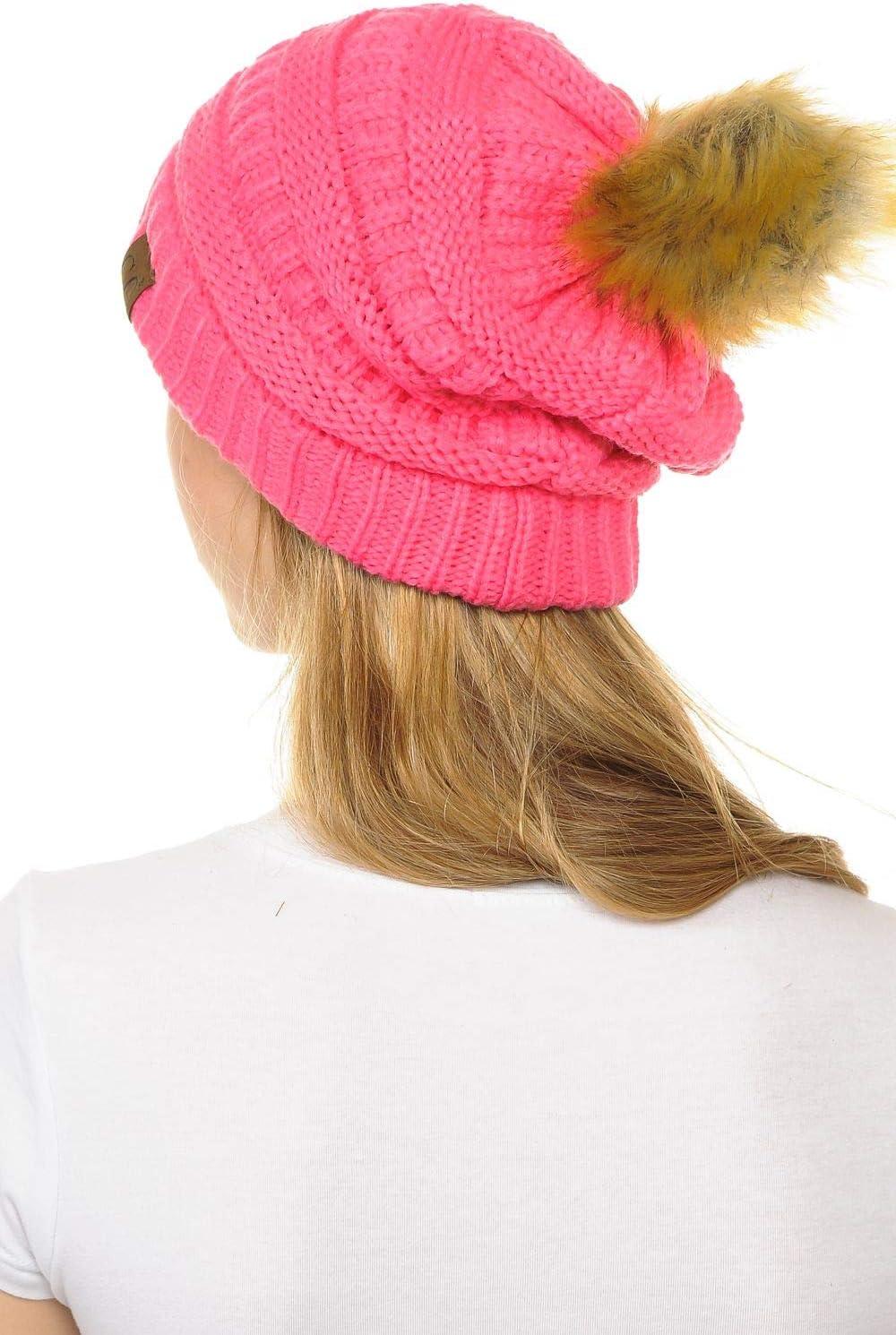 imageCC Hat43 Thick Warm Cap Hat Skully Faux Fur Pom Pom Cable Knit Beanie 2 PackCandy Pink