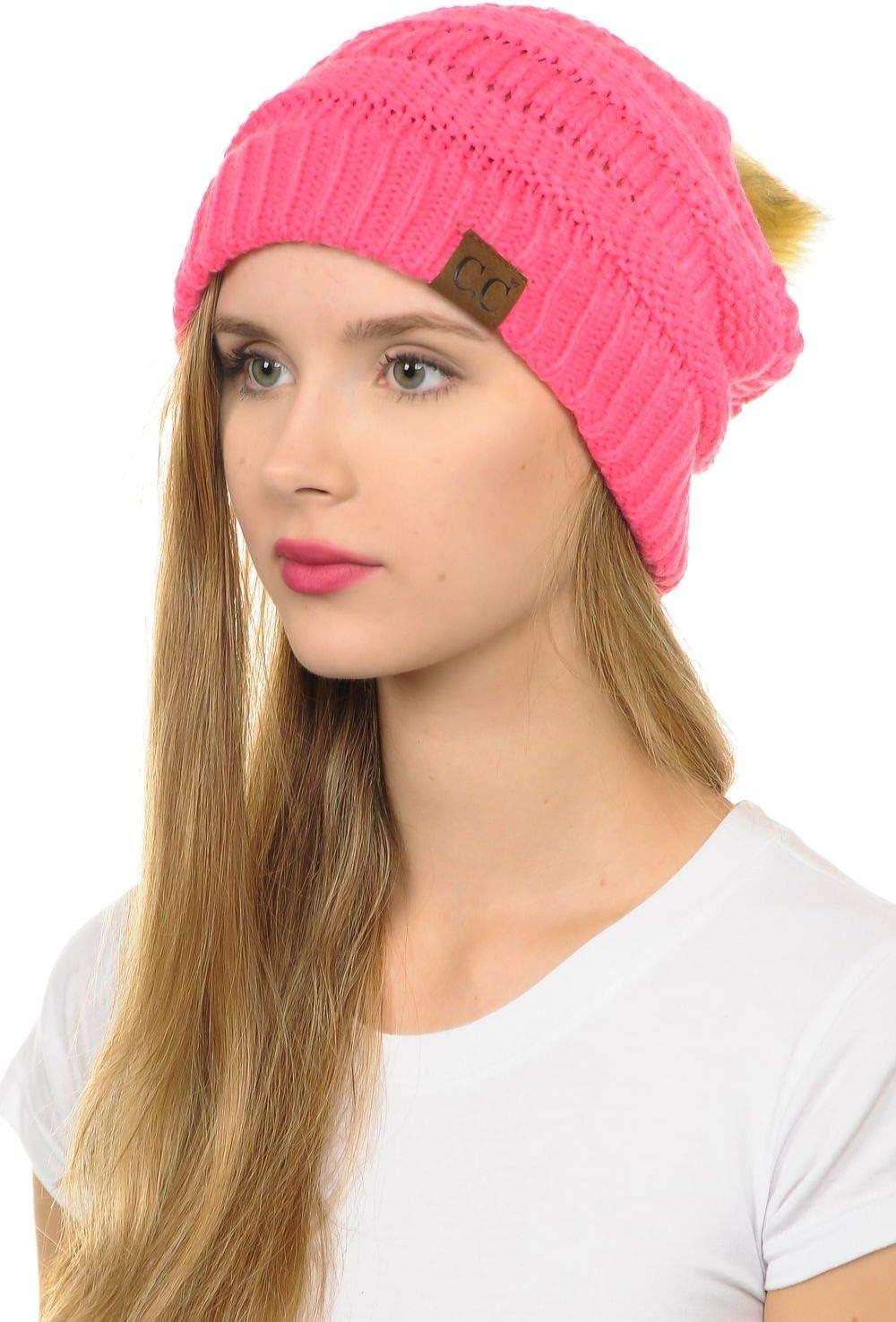 imageCC Hat43 Thick Warm Cap Hat Skully Faux Fur Pom Pom Cable Knit Beanie 2 PackCandy Pink