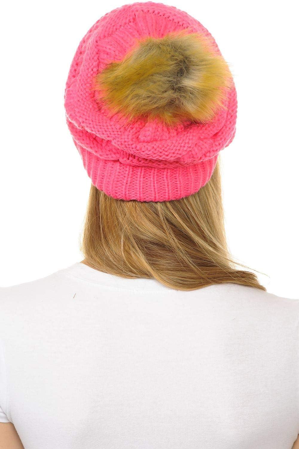 imageCC Hat43 Thick Warm Cap Hat Skully Faux Fur Pom Pom Cable Knit Beanie 2 PackCandy Pink