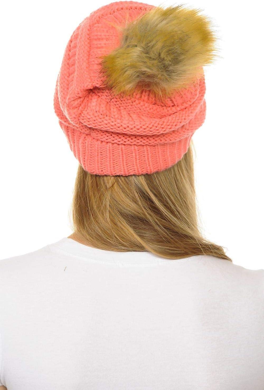imageCC Hat43 Thick Warm Cap Hat Skully Faux Fur Pom Pom Cable Knit Beanie 2 PackCoral
