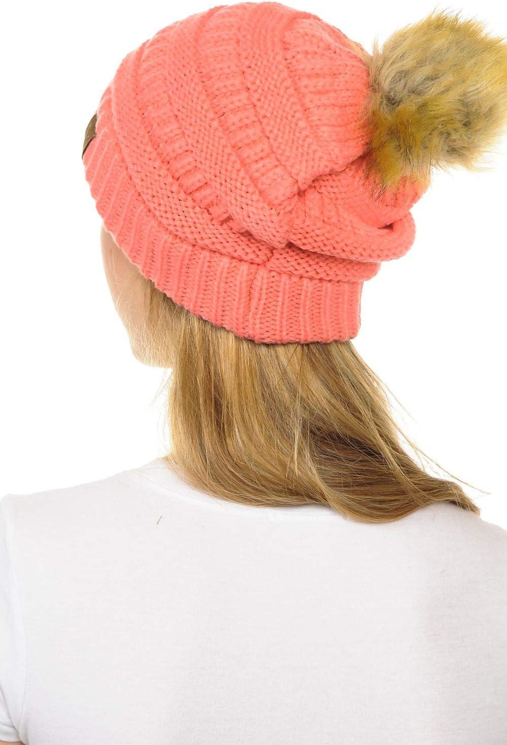 imageCC Hat43 Thick Warm Cap Hat Skully Faux Fur Pom Pom Cable Knit Beanie 2 PackCoral